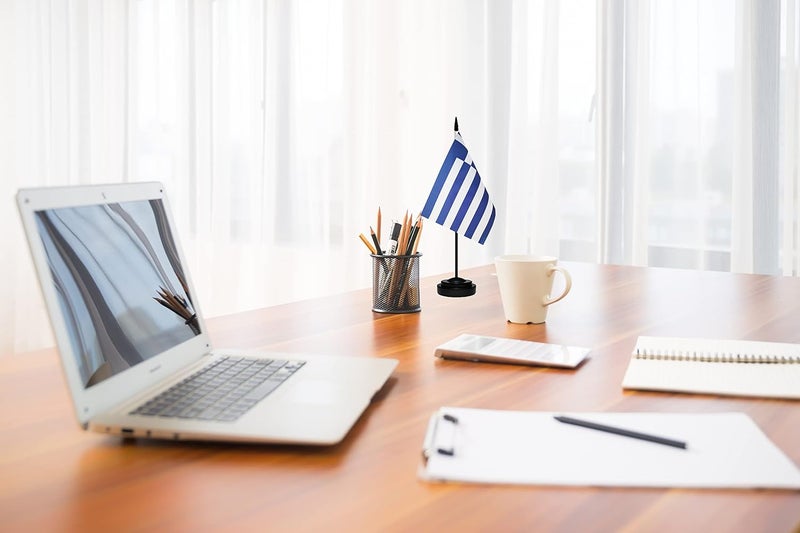 tibijoy Greece Greek Deluxe Desk Flag Set, Small Mini Miniature Greece Greek Table Desktop Flags With Solid Pole, Black Base and Spear Top(2 Pack) - Image 4